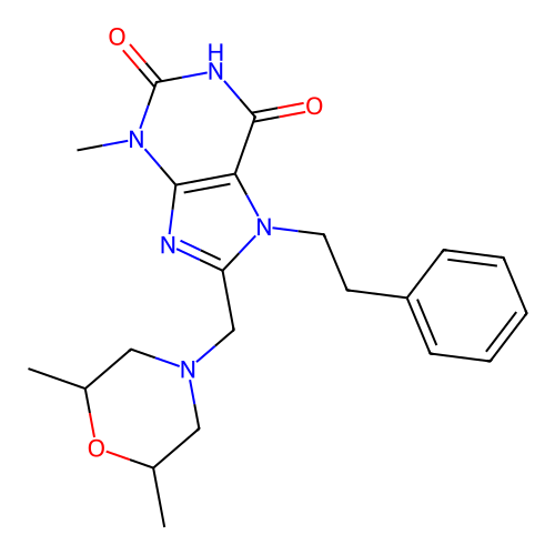 8-[(2,6-dimethylmorpholin-4-yl)methyl]-6-hydroxy-3-methyl-7-(2-phenylethyl)-3,7-dihydro-2H-purin-2-one structure