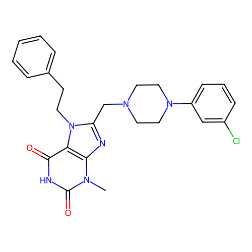 8-{[4-(3-chlorophenyl)piperazin-1-yl]methyl}-3-methyl-7-(2-phenylethyl)-2,3,6,7-tetrahydro-1H-purine-2,6-dione structure