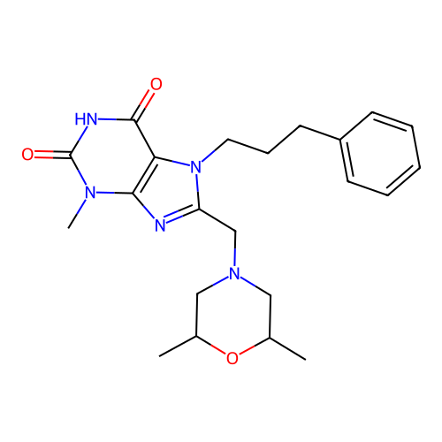 8-[(2,6-dimethylmorpholin-4-yl)methyl]-3-methyl-7-(3-phenylpropyl)purine-2,6-dione structure