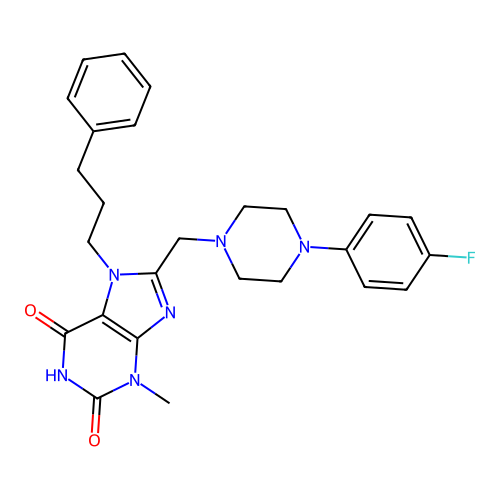 8-{[4-(4-fluorophenyl)piperazin-1-yl]methyl}-3-methyl-7-(3-phenylpropyl)-3,7-dihydro-1H-purine-2,6-dione structure