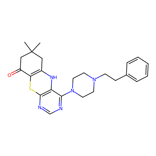 5H-Pyrimido(4,5-b)(1,4)benzothiazin-9(6H)-one, 7,8-dihydro-7,7-dimethyl-4-(4-(2-phenylethyl)-1-piperazinyl)- structure