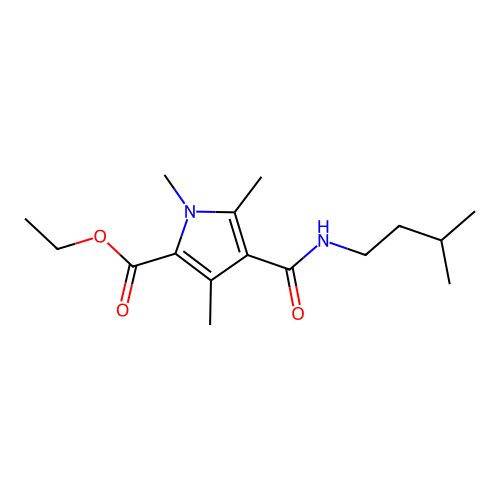 Ethyl 1,3,5-trimethyl-4-(3-methylbutylcarbamoyl)pyrrole-2-carboxylate structure
