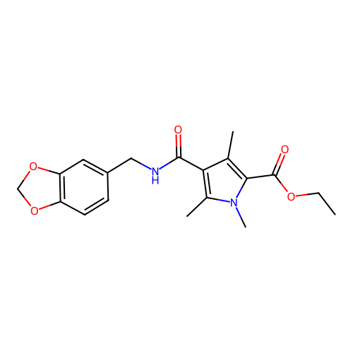 ethyl 4-(1,3-benzodioxol-5-ylmethylcarbamoyl)-1,3,5-trimethylpyrrole-2-carboxylate structure