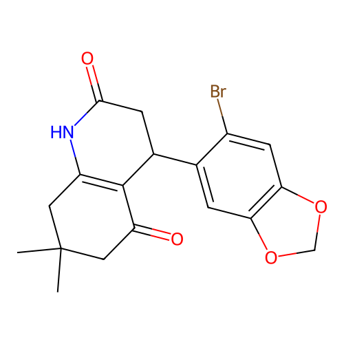4-(6-bromo-1,3-benzodioxol-5-yl)-7,7-dimethyl-3,4,6,8-tetrahydro-1H-quinoline-2,5-dione structure