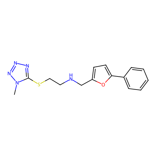 2-(1-methyltetrazol-5-yl)sulfanyl-N-[(5-phenylfuran-2-yl)methyl]ethanamine structure