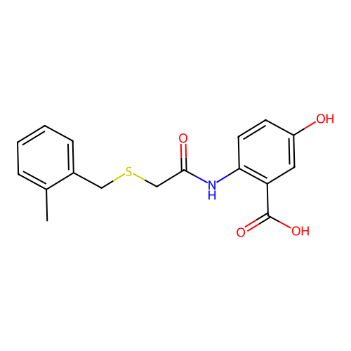 5-Hydroxy-2-({[(2-methylbenzyl)sulfanyl]acetyl}amino)benzoic acid structure