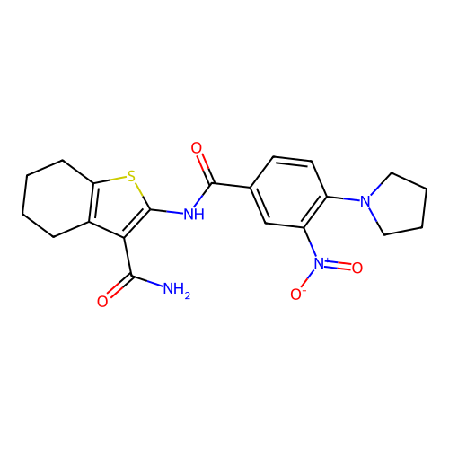 2-(3-nitro-4-(pyrrolidin-1-yl)benzamido)-4,5,6,7-tetrahydrobenzo[b]thiophene-3-carboxamide structure