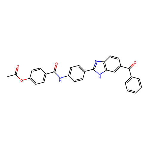 4-({4-[5-(phenylcarbonyl)-1H-benzimidazol-2-yl]phenyl}carbamoyl)phenyl acetate structure