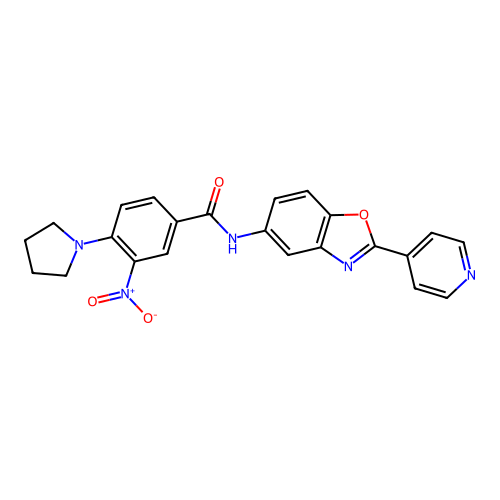 3-nitro-N-[2-(pyridin-4-yl)-1,3-benzoxazol-5-yl]-4-(pyrrolidin-1-yl)benzamide structure