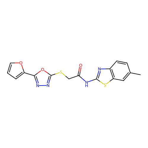 2-{[5-(furan-2-yl)-1,3,4-oxadiazol-2-yl]sulfanyl}-N-(6-methyl-1,3-benzothiazol-2-yl)acetamide structure