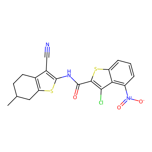 3-chloro-N-(3-cyano-6-methyl-4,5,6,7-tetrahydro-1-benzothiophen-2-yl)-4-nitro-1-benzothiophene-2-carboxamide structure