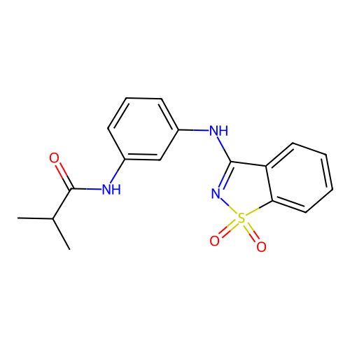 N-{3-[(1,1-dioxido-1,2-benzothiazol-3-yl)amino]phenyl}-2-methylpropanamide structure