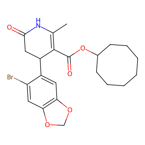 cyclooctyl 4-(6-bromo-1,3-benzodioxol-5-yl)-2-methyl-6-oxo-1,4,5,6-tetrahydropyridine-3-carboxylate structure