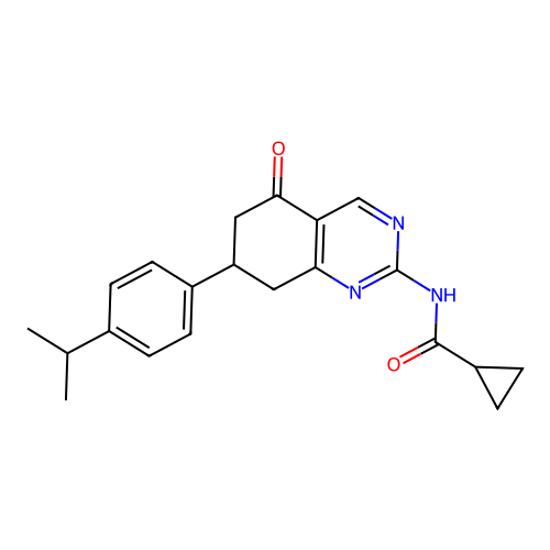 N-{5-oxo-7-[4-(propan-2-yl)phenyl]-5,6,7,8-tetrahydroquinazolin-2-yl}cyclopropanecarboxamide structure