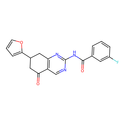 3-fluoro-N-[7-(furan-2-yl)-5-oxo-5,6,7,8-tetrahydroquinazolin-2-yl]benzamide structure