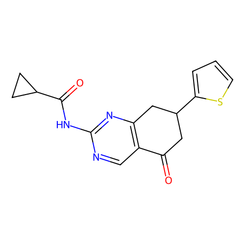 N-[5-oxo-7-(thiophen-2-yl)-5,6,7,8-tetrahydroquinazolin-2-yl]cyclopropanecarboxamide structure