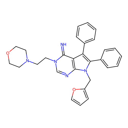 7-(furan-2-ylmethyl)-3-(2-morpholin-4-ylethyl)-5,6-diphenylpyrrolo[2,3-d]pyrimidin-4-imine structure