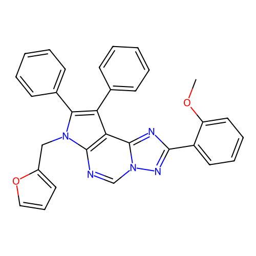 7-(furan-2-ylmethyl)-2-(2-methoxyphenyl)-8,9-diphenyl-7H-pyrrolo[3,2-e][1,2,4]triazolo[1,5-c]pyrimidine structure