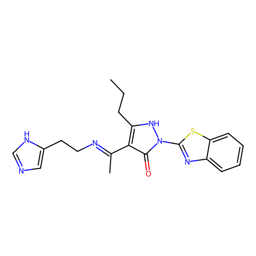 (4E)-2-(1,3-benzothiazol-2-yl)-4-(1-{[2-(1H-imidazol-4-yl)ethyl]amino}ethylidene)-5-propyl-2,4-dihydro-3H-pyrazol-3-one structure
