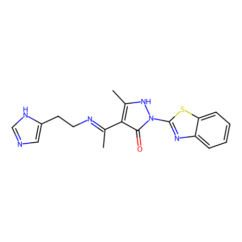 (4E)-2-(1,3-benzothiazol-2-yl)-4-(1-{[2-(1H-imidazol-4-yl)ethyl]amino}ethylidene)-5-methyl-2,4-dihydro-3H-pyrazol-3-one structure