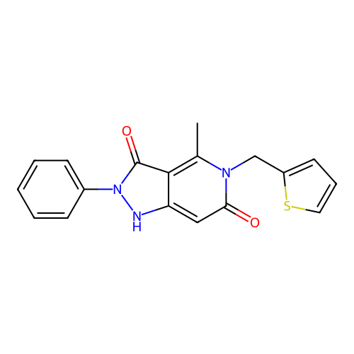 4-methyl-2-phenyl-5-(thiophen-2-ylmethyl)-1H-pyrazolo[4,3-c]pyridine-3,6(2H,5H)-dione structure