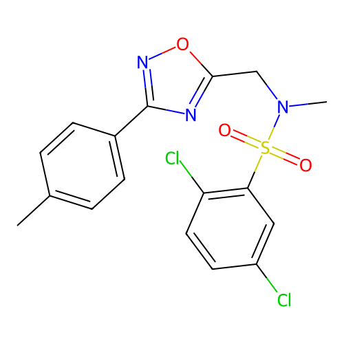 2,5-dichloro-N-methyl-N-((3-(p-tolyl)-1,2,4-oxadiazol-5-yl)methyl)benzenesulfonamide structure