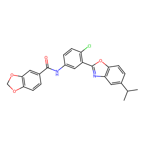 N-[4-chloro-3-(5-propan-2-yl-1,3-benzoxazol-2-yl)phenyl]-1,3-benzodioxole-5-carboxamide structure