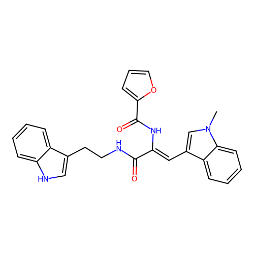 N-[1-[2-(1H-indol-3-yl)ethylcarbamoyl]-2-(1-methylindol-3-yl)ethenyl]furan-2-carboxamide structure