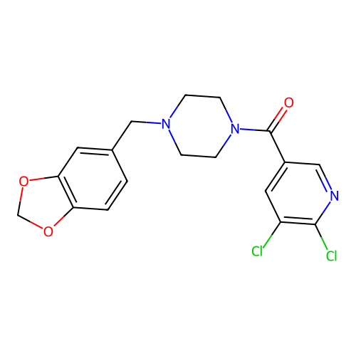 1-[(1,3-Dioxaindan-5-yl)methyl]-4-(5,6-dichloropyridine-3-carbonyl)piperazine structure