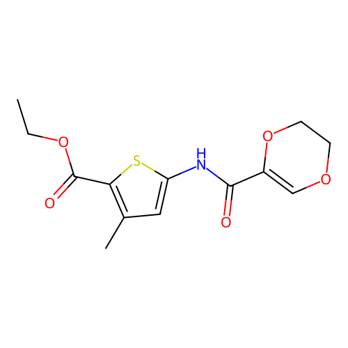Ethyl 5-(5,6-dihydro-1,4-dioxine-2-carboxamido)-3-methylthiophene-2-carboxylate structure