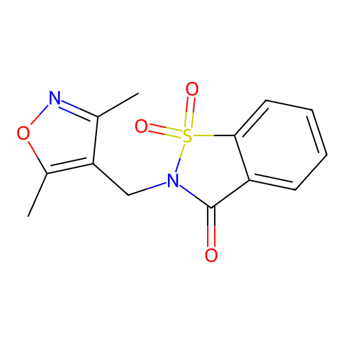 2-[(3,5-dimethyl-1,2-oxazol-4-yl)methyl]-1,2-benzothiazol-3(2H)-one 1,1-dioxide structure