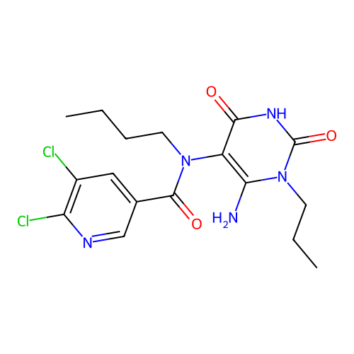 N-(6-amino-2,4-dioxo-1-propylpyrimidin-5-yl)-N-butyl-5,6-dichloropyridine-3-carboxamide structure