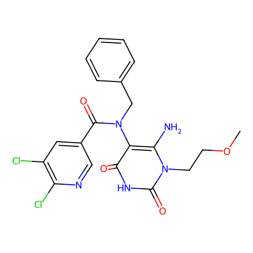 N-[6-amino-1-(2-methoxyethyl)-2,4-dioxo-1,2,3,4-tetrahydropyrimidin-5-yl]-N-benzyl-5,6-dichloropyridine-3-carboxamide structure