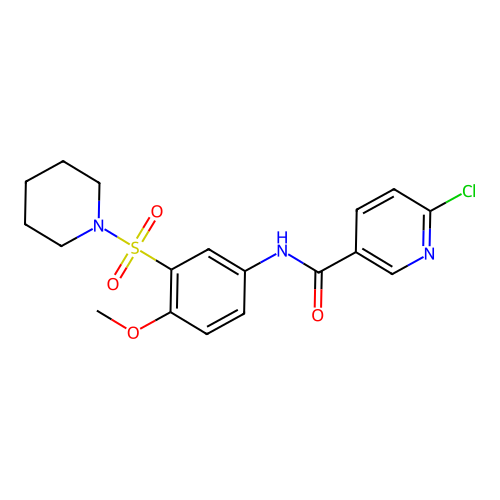 6-chloro-N-[4-methoxy-3-(piperidine-1-sulfonyl)phenyl]pyridine-3-carboxamide structure