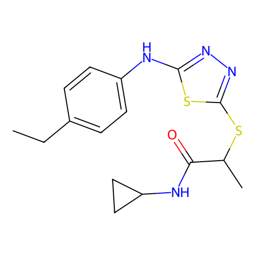 N-cyclopropyl-2-[[5-(4-ethylanilino)-1,3,4-thiadiazol-2-yl]sulfanyl]propanamide structure