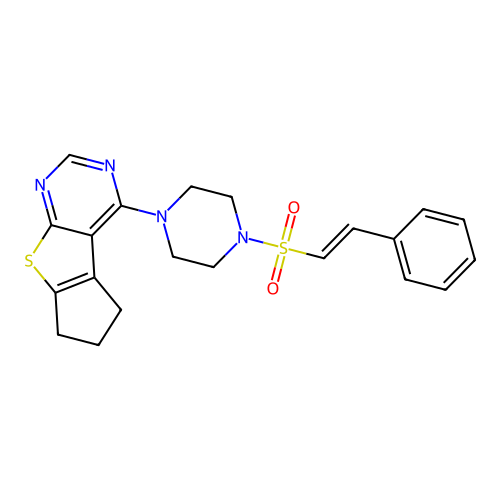 12-[4-(2-phenylethenesulfonyl)piperazin-1-yl]-7-thia-9,11-diazatricyclo[6.4.0.0,2,6]dodeca-1(12),2(6),8,10-tetraene structure
