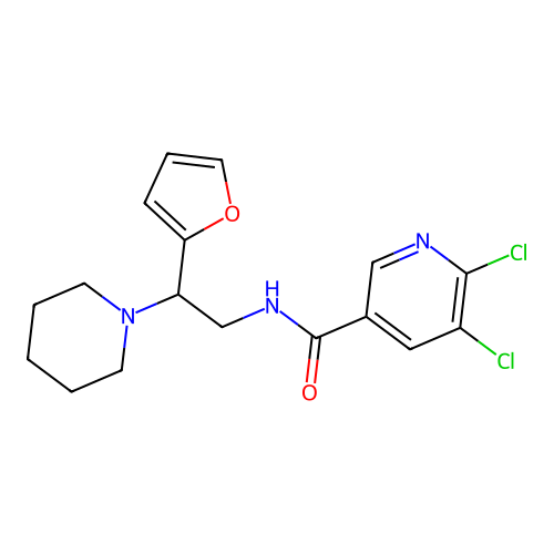 5,6-dichloro-N-[2-(furan-2-yl)-2-(piperidin-1-yl)ethyl]pyridine-3-carboxamide structure