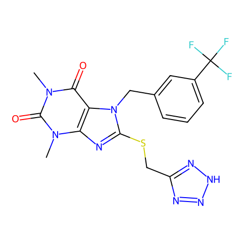 1,3-dimethyl-8-(2H-tetrazol-5-ylmethylsulfanyl)-7-[[3-(trifluoromethyl)phenyl]methyl]purine-2,6-dione structure