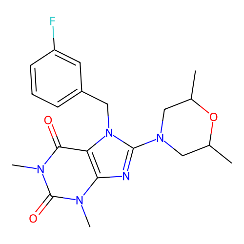 8-(2,6-dimethylmorpholin-4-yl)-7-(3-fluorobenzyl)-1,3-dimethyl-3,7-dihydro-1H-purine-2,6-dione structure