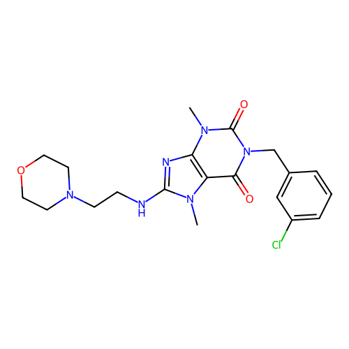 1-(3-chlorobenzyl)-3,7-dimethyl-8-((2-morpholinoethyl)amino)-1H-purine-2,6(3H,7H)-dione structure