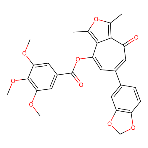 6-(benzo[d][1,3]dioxol-5-yl)-1,3-dimethyl-4-oxo-4H-cyclohepta[c]furan-8-yl 3,4,5-trimethoxybenzoate structure