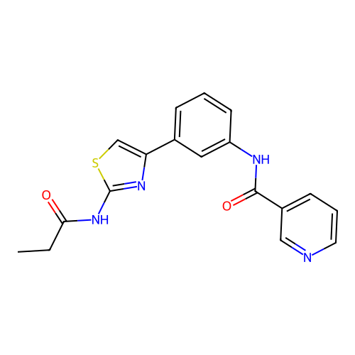 N-[3-[2-(propanoylamino)-1,3-thiazol-4-yl]phenyl]pyridine-3-carboxamide structure