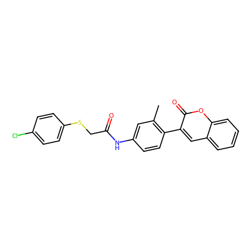 2-(4-chlorophenyl)sulfanyl-N-[3-methyl-4-(2-oxochromen-3-yl)phenyl]acetamide structure