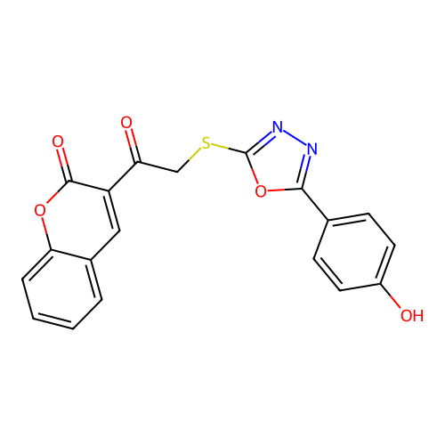 3-({[5-(4-hydroxyphenyl)-1,3,4-oxadiazol-2-yl]sulfanyl}acetyl)-2H-chromen-2-one structure