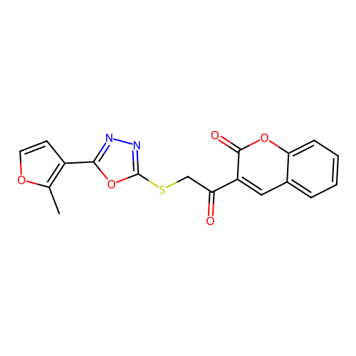 3-[2-[[5-(2-Methylfuran-3-yl)-1,3,4-oxadiazol-2-yl]sulfanyl]acetyl]chromen-2-one structure