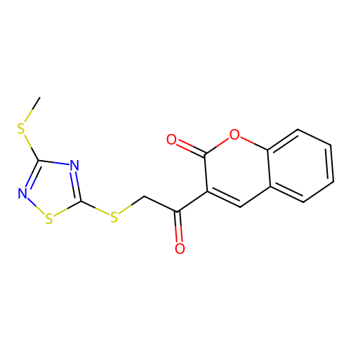 3-[2-[(3-Methylsulfanyl-1,2,4-thiadiazol-5-yl)sulfanyl]acetyl]chromen-2-one structure