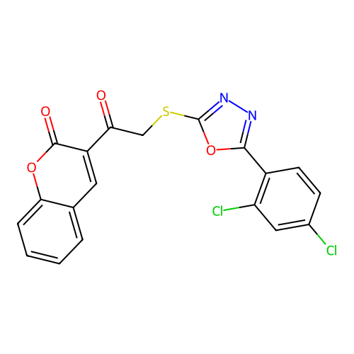 3-[2-[[5-(2,4-Dichlorophenyl)-1,3,4-oxadiazol-2-yl]sulfanyl]acetyl]chromen-2-one structure