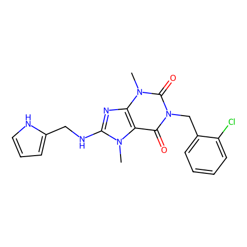 1-[(2-chlorophenyl)methyl]-3,7-dimethyl-8-(1H-pyrrol-2-ylmethylamino)purine-2,6-dione structure