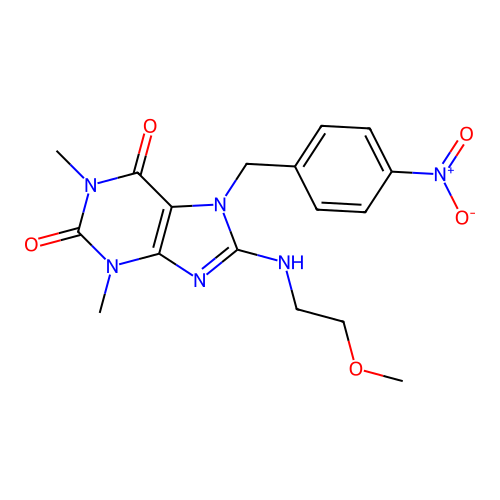 8-((2-methoxyethyl)amino)-1,3-dimethyl-7-(4-nitrobenzyl)-1H-purine-2,6(3H,7H)-dione structure
