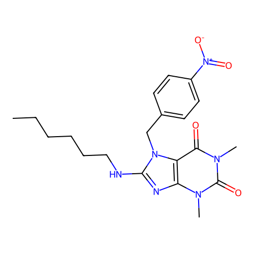 8-(hexylamino)-1,3-dimethyl-7-(4-nitrobenzyl)-3,7-dihydro-1H-purine-2,6-dione structure